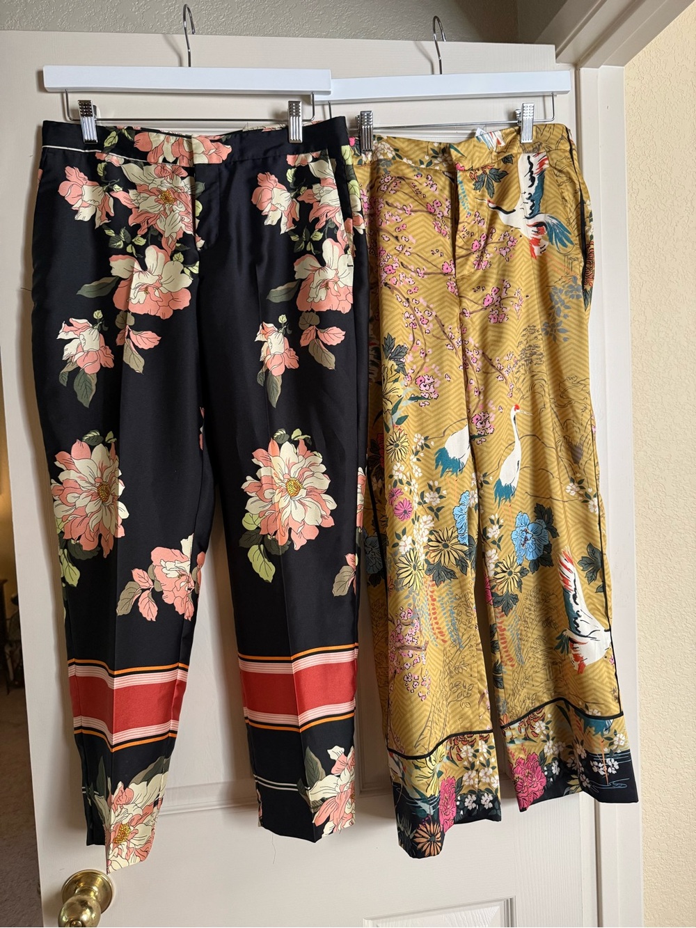 Zara Black Floral Pants with Pink Accents and Gold Floral Print Wide Leg Pants